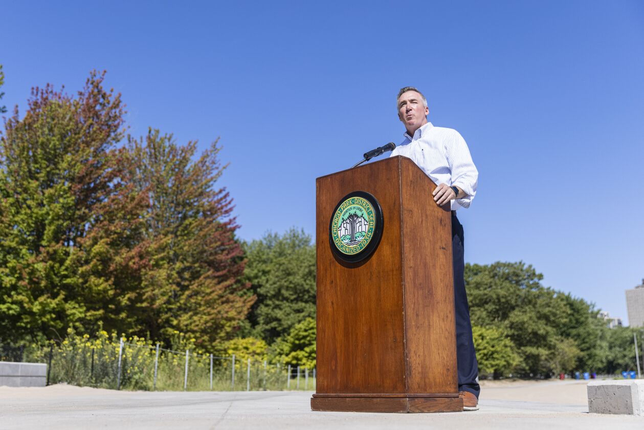 Michael Kelly, then the Chicago Park District’s superintendent, at an August news conference at which he defended his handling of the lifeguard scandal. In October, facing firing, he resigned.